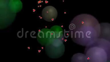 潮色气泡和心形小颗粒，派对、迪斯科或夜总会的抽象视频背景